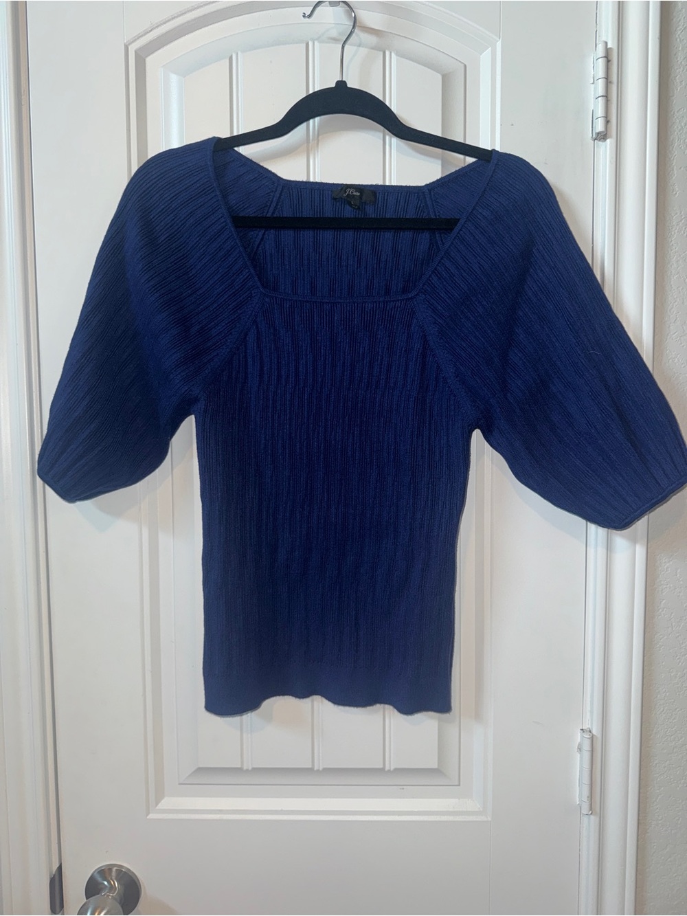 J.‎ Crew Navy Ribbed Square-Neck Puff Sleeve Top